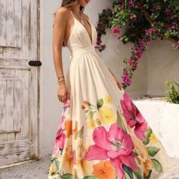 Dresses & Skirts - Multicolor Boho Vacay Women's Floral Print Deep V Neck Backless Maxi Dress